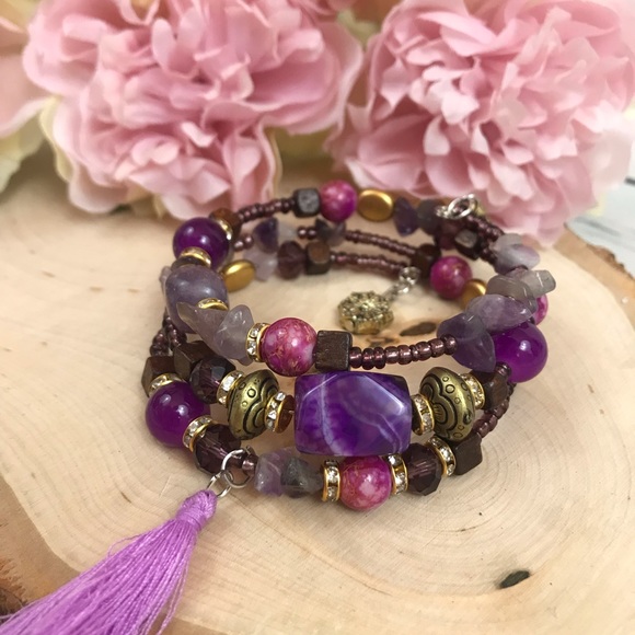 Boho Multilayer Crystal & Stone Tassel Bracelet - Picture 5 of 7